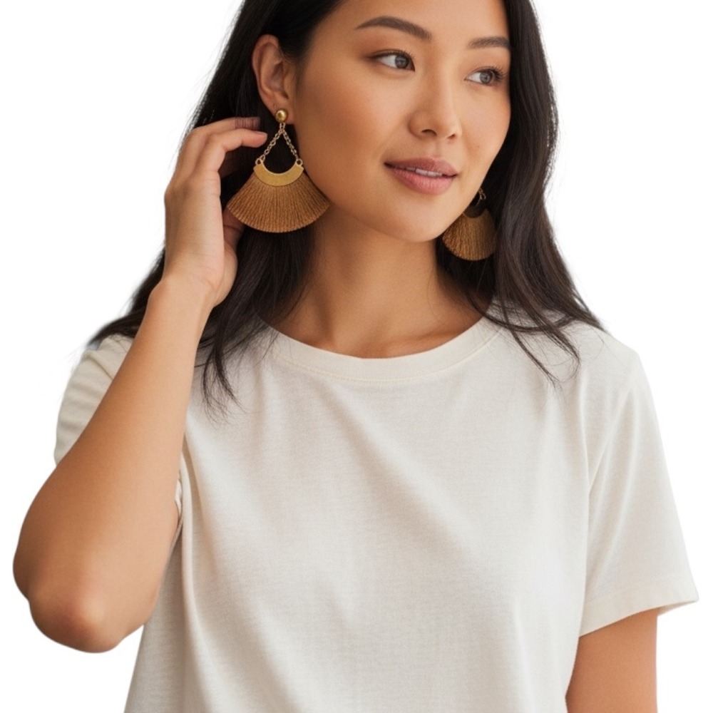 Gold Tone Fringe Fan Earrings Dangle Boho Chic Women